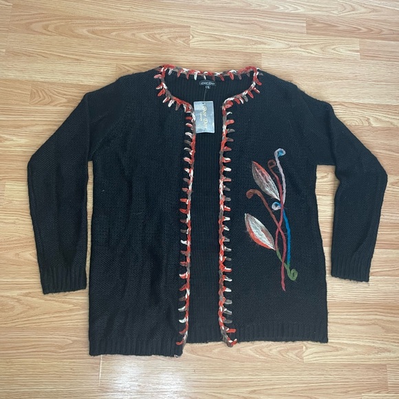 Black and Red Knit Cardigan with Striped Trim - Picture 1 of 4